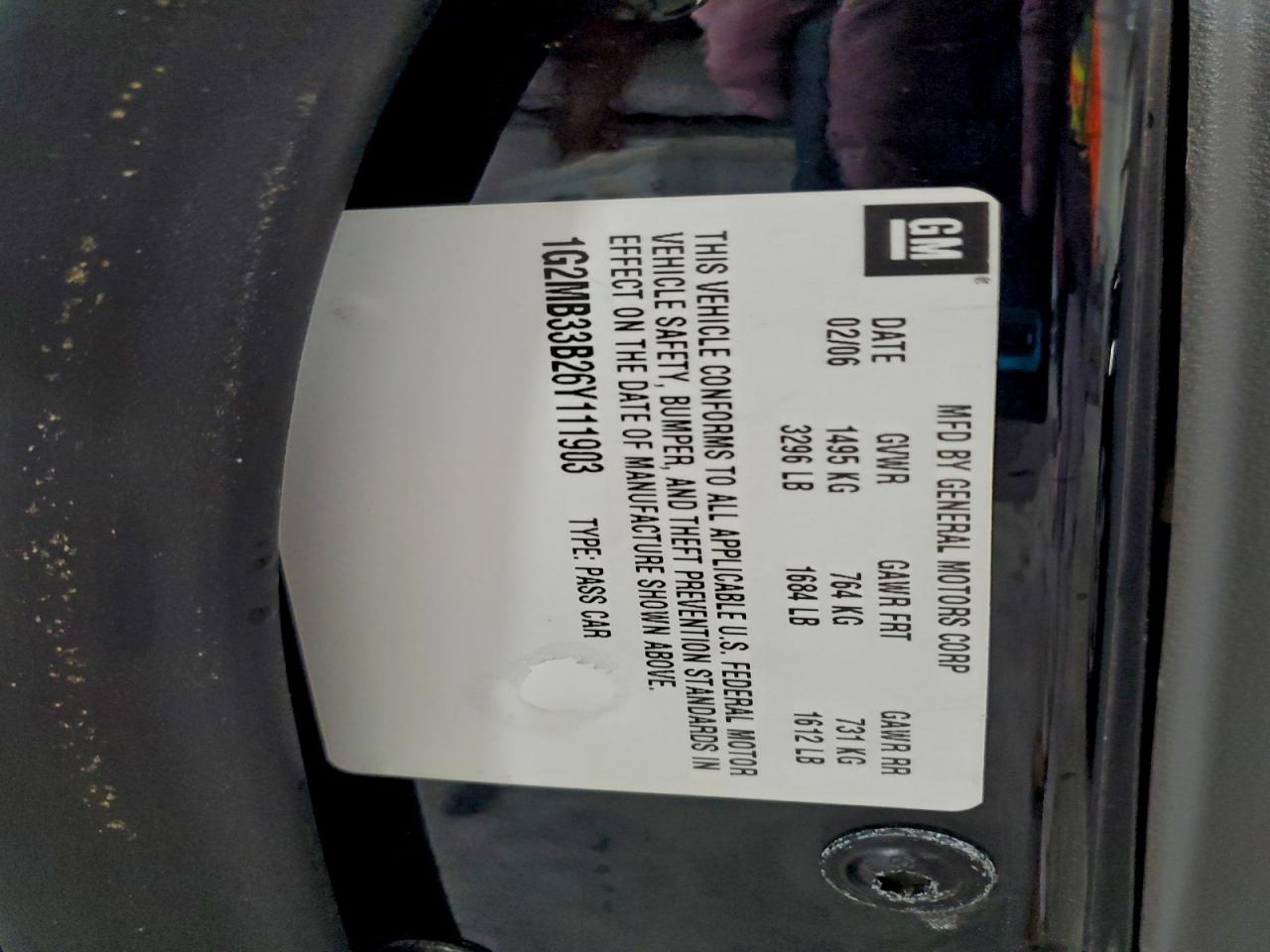 2006 Pontiac Solstice VIN: 1G2MB33B26Y111903 Lot: 94571955