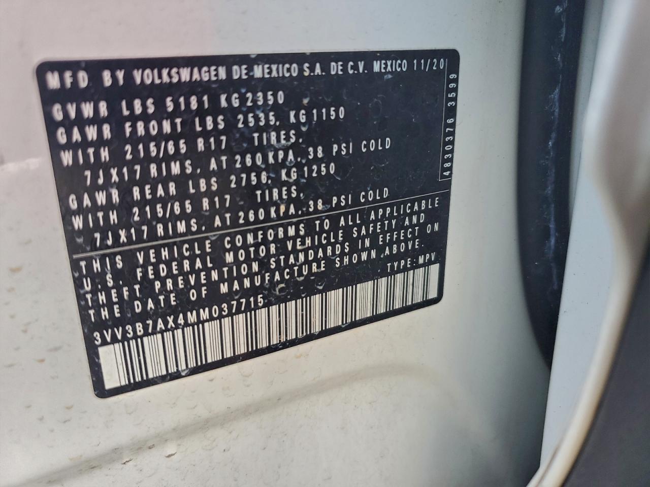 2021 Volkswagen Tiguan Se VIN: 3VV3B7AX4MM037715 Lot: 94337955