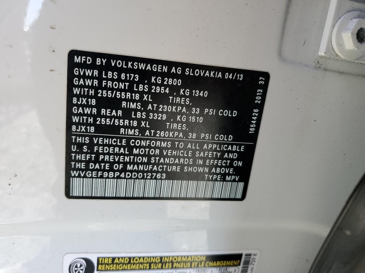 2013 Volkswagen Touareg V6 VIN: WVGEF9BP4DD012763 Lot: 91229105