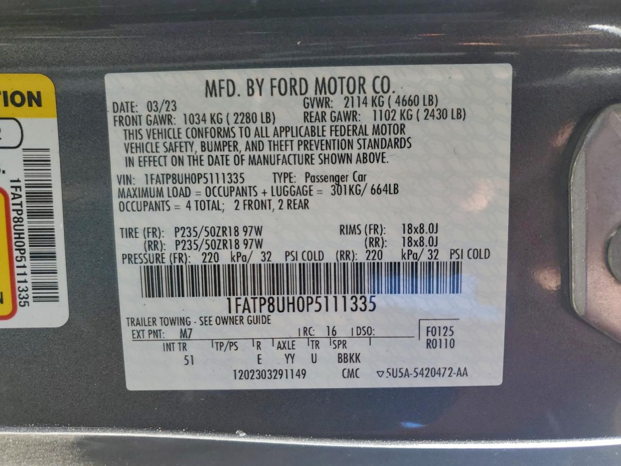 2023 Ford Mustang VIN: 1FATP8UH0P5111335 Lot: 94457255