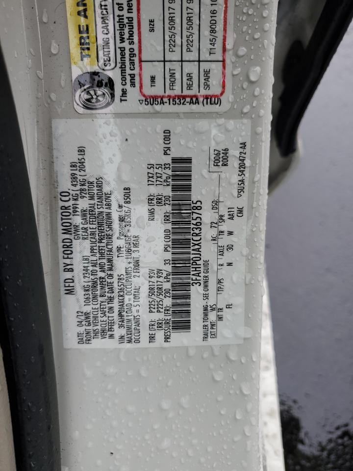 2012 Ford Fusion Sel VIN: 3FAHP0JAXCR365785 Lot: 91834425