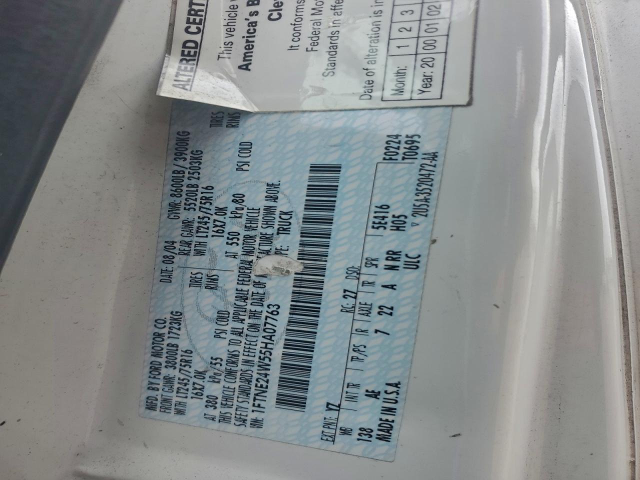 2005 Ford Econoline E250 Van VIN: 1FTNE24W55HA07763 Lot: 93845405