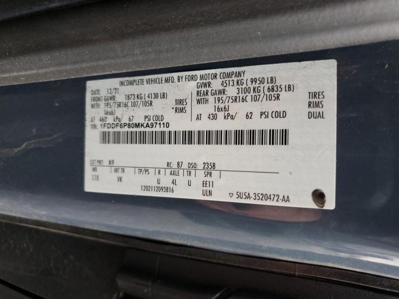 2021 Ford Transit Delivery Truck VIN: 1FDDF6P80MKA97110 Lot: 90795775