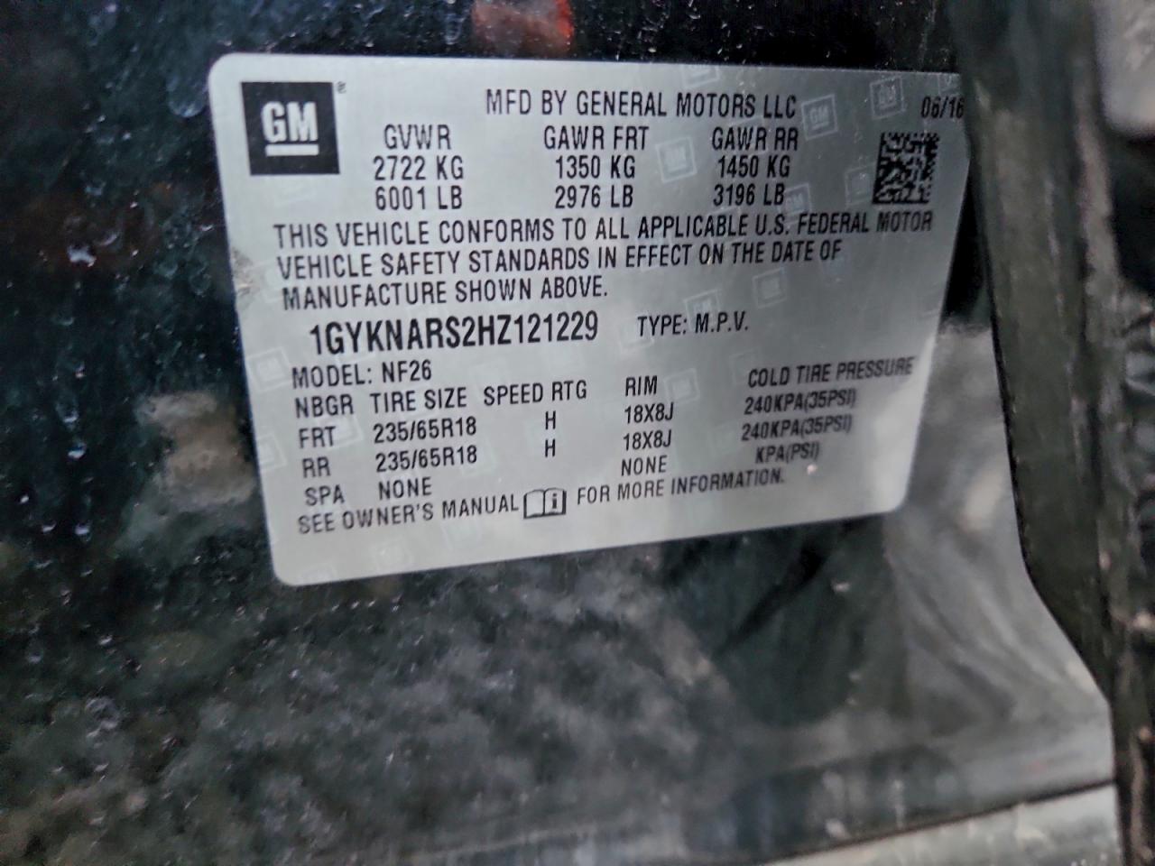 2017 Cadillac Xt5 VIN: 1GYKNARS2HZ121229 Lot: 94029805