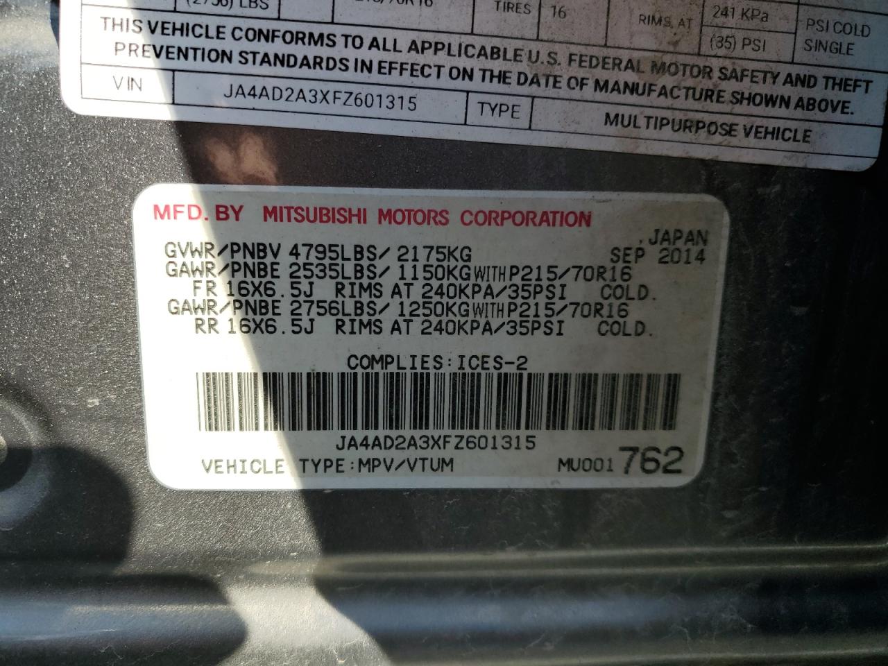 2015 Mitsubishi Outlander Es VIN: JA4AD2A3XFZ601315 Lot: 92439545