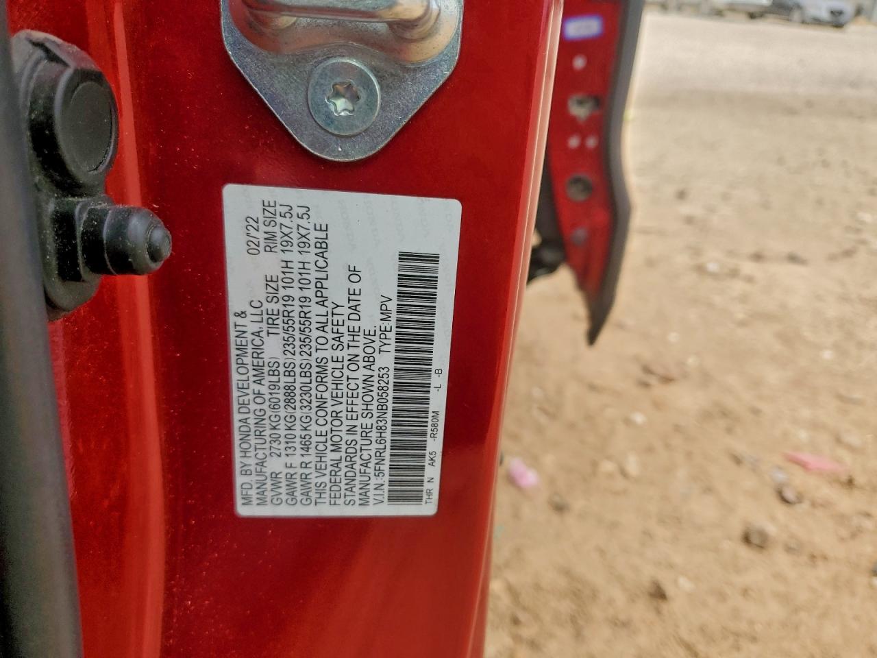 2022 Honda Odyssey Touring VIN: 5FNRL6H83NB058253 Lot: 94213275