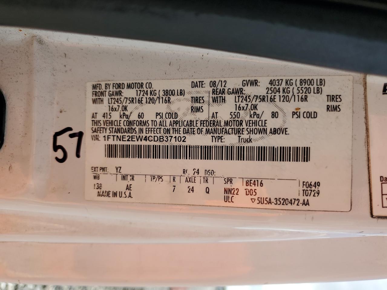 2012 Ford E250 Delivery Van VIN: 1FTNE2EW4CDB37102 Lot: 91818585