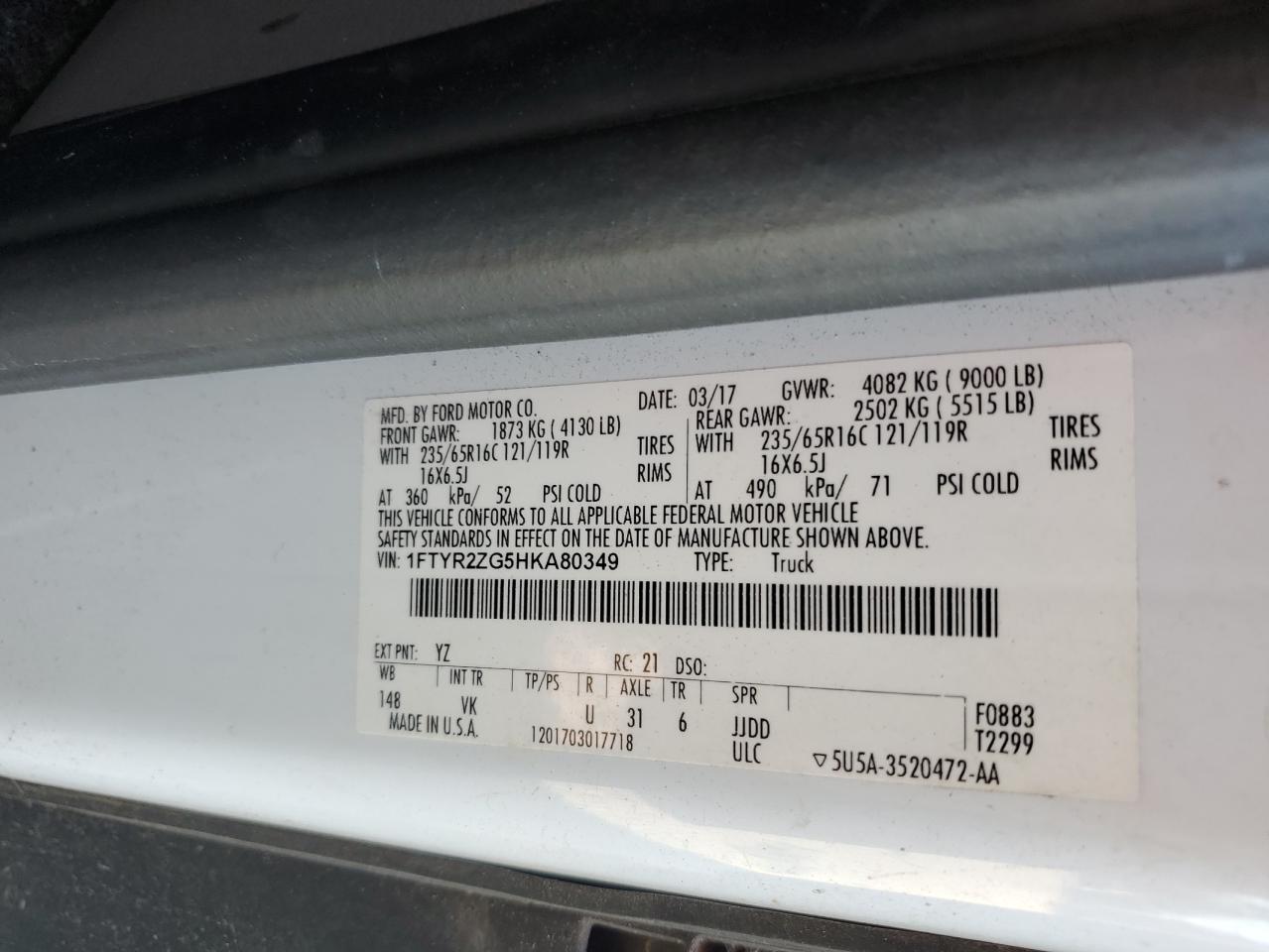 2017 Ford Transit T-250 VIN: 1FTYR2ZG5HKA80349 Lot: 93295125