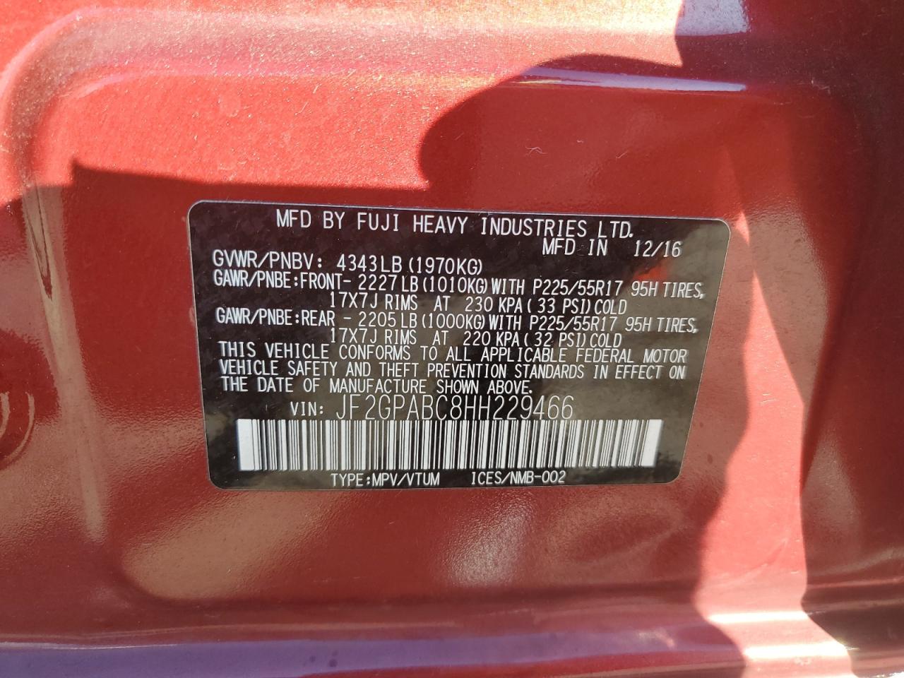 2017 Subaru Crosstrek Premium VIN: JF2GPABC8HH229466 Lot: 91643955