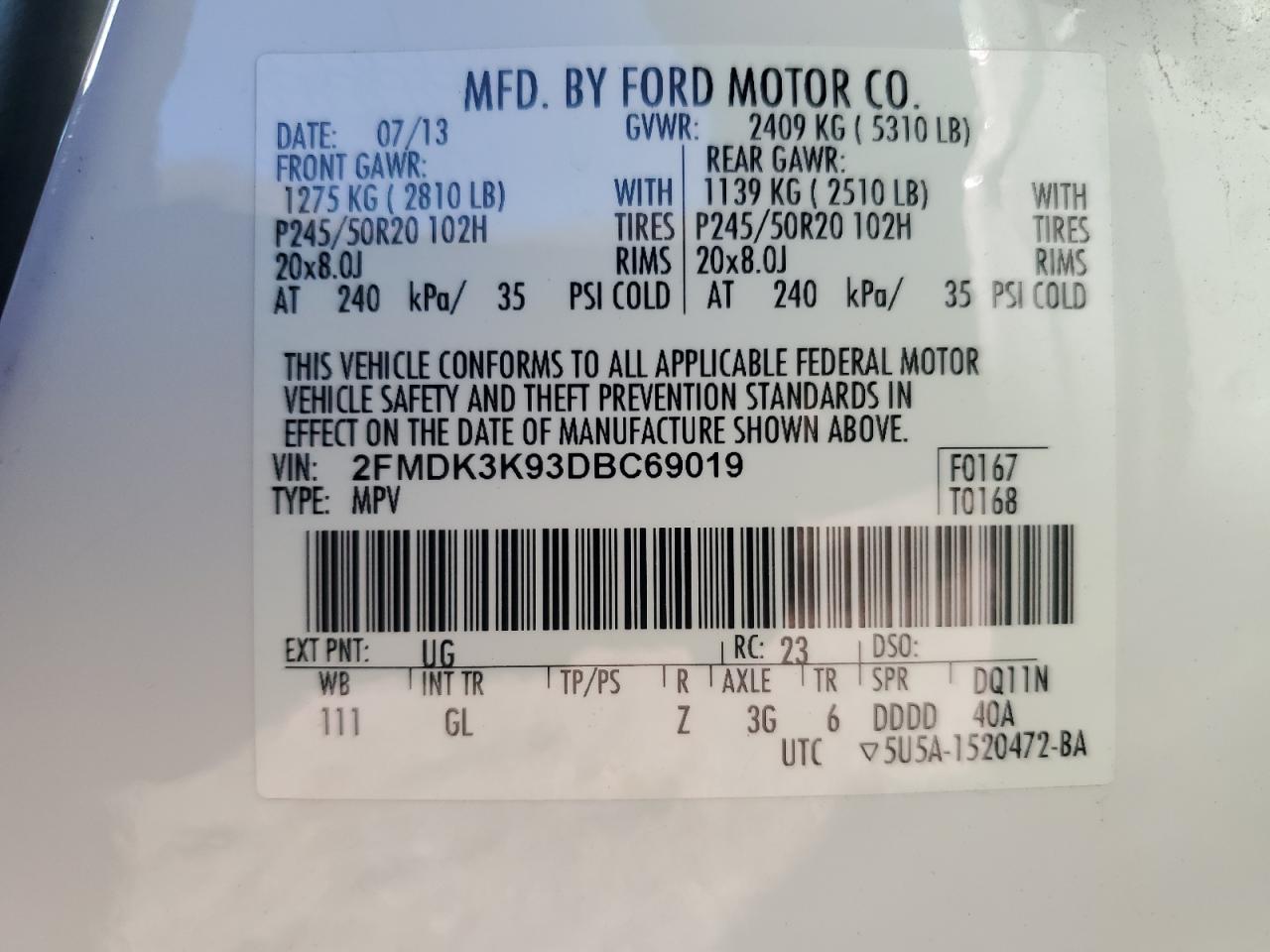 2013 Ford Edge Limited VIN: 2FMDK3K93DBC69019 Lot: 92821405
