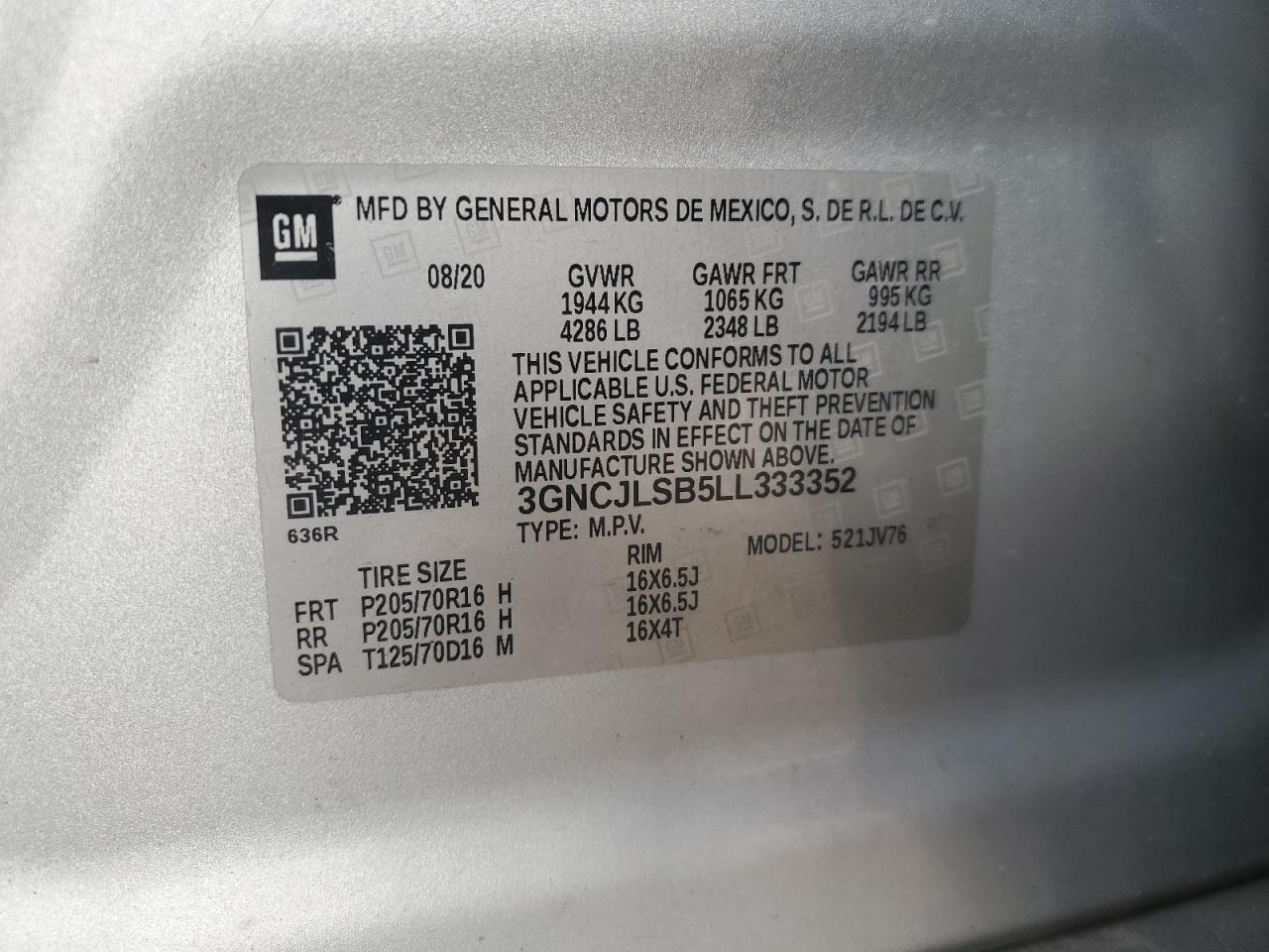 2020 Chevrolet Trax 1Lt VIN: 3GNCJLSB5LL333352 Lot: 92028165