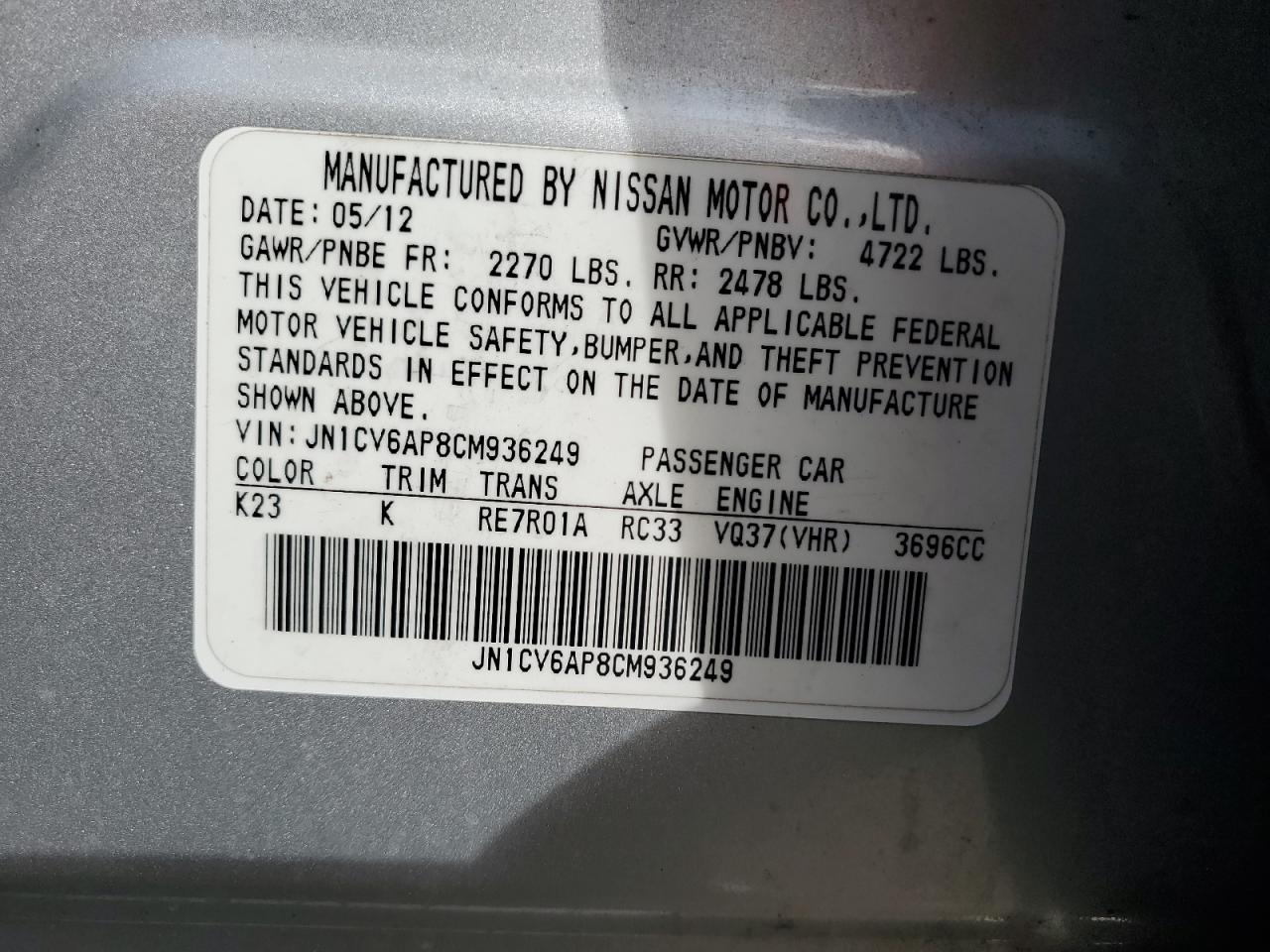 2012 Infiniti G37 Base VIN: JN1CV6AP8CM936249 Lot: 90668075