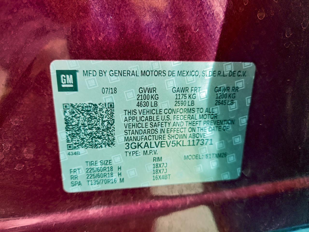 2019 GMC Terrain Slt VIN: 3GKALVEV5KL117371 Lot: 93977735