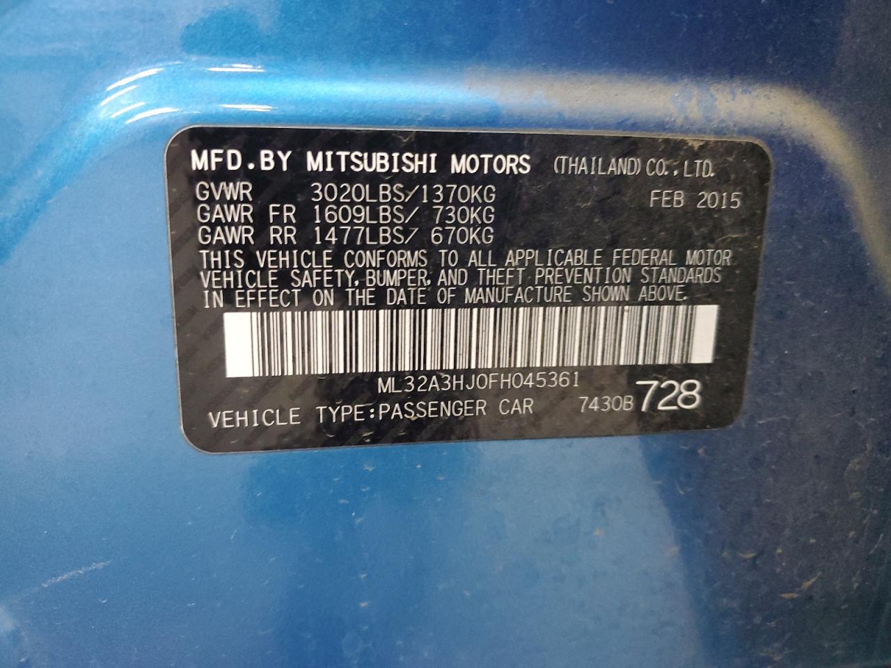 2015 Mitsubishi Mirage De VIN: ML32A3HJ0FH045361 Lot: 92816025