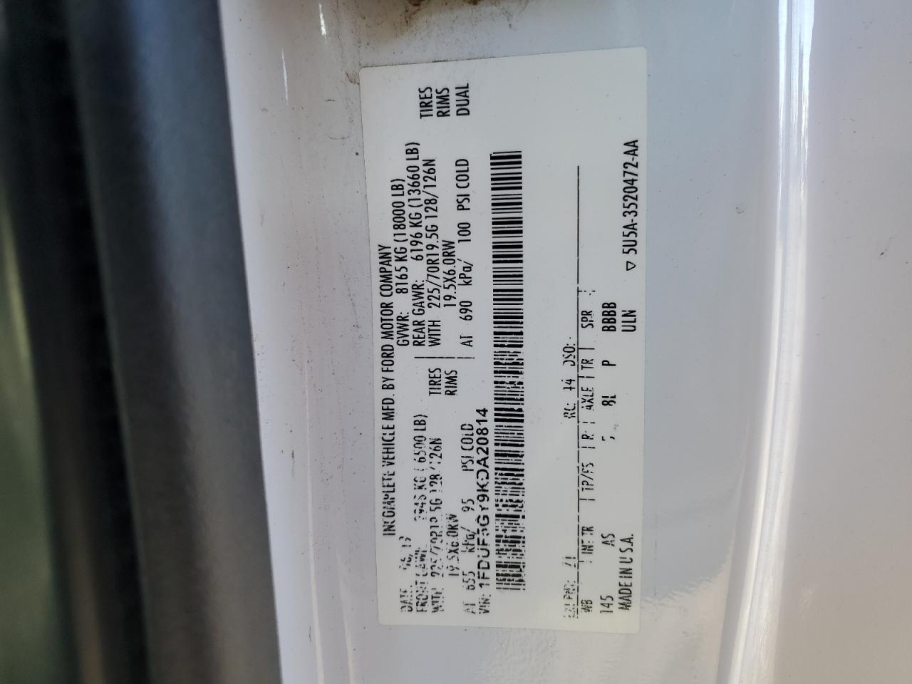 2019 Ford F550 Super Duty VIN: 1FDUF5GY9KDA20814 Lot: 91167795