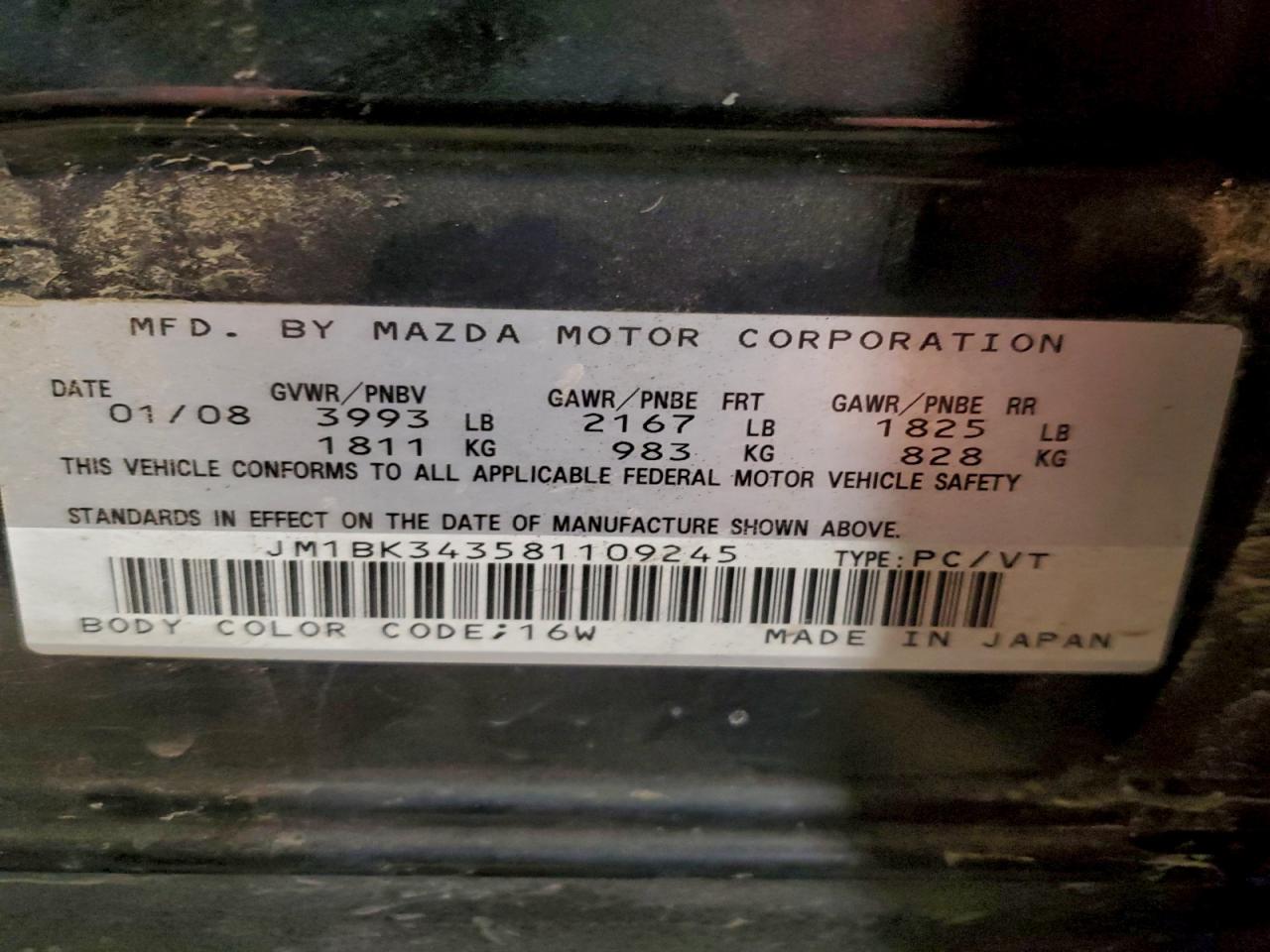 2008 Mazda 3 Hatchback VIN: JM1BK343581109245 Lot: 94283495