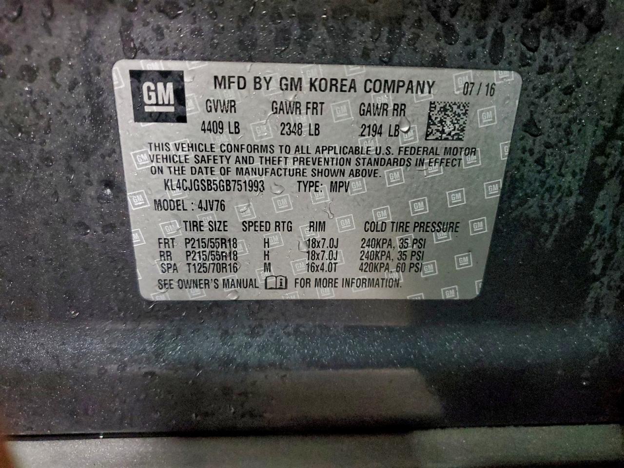 2016 Buick Encore VIN: KL4CJGSB5GB751993 Lot: 94450615