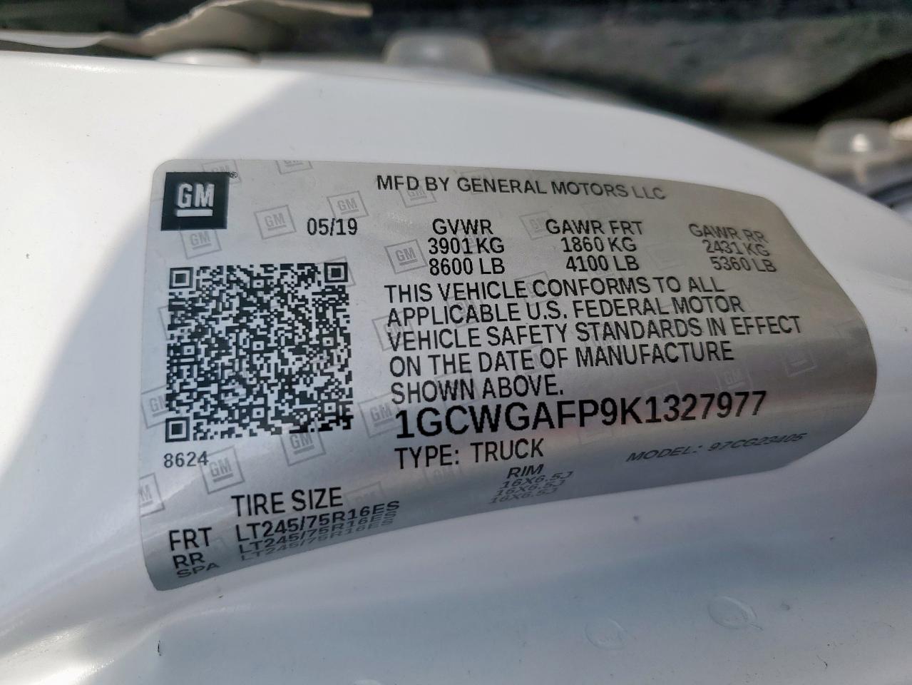 2019 Chevrolet Express Delivery Van VIN: 1GCWGAFP9K1327977 Lot: 93203105