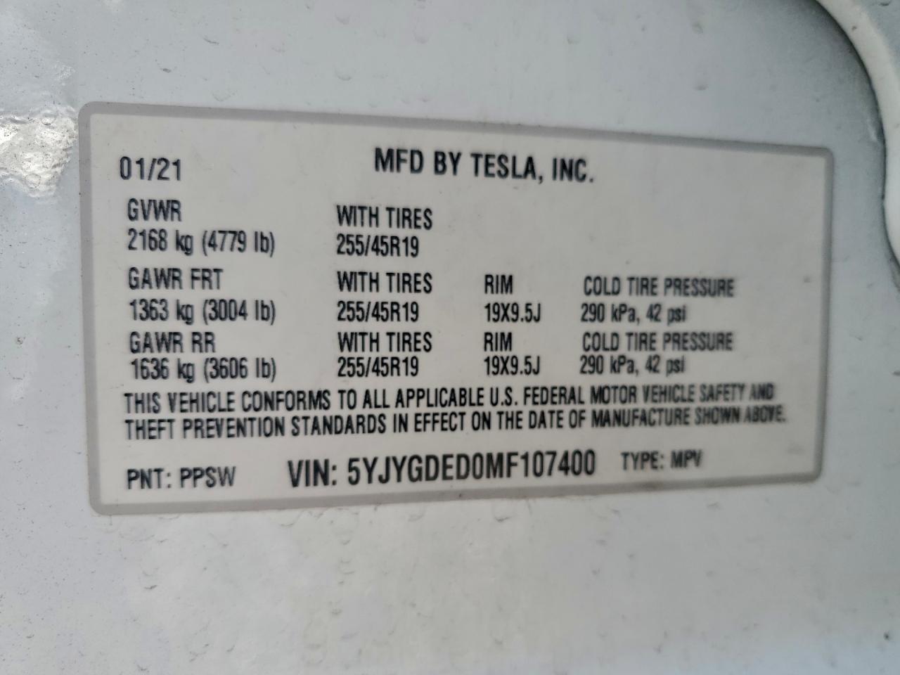 2021 Tesla Model Y VIN: 5YJYGDED0MF107400 Lot: 93468675