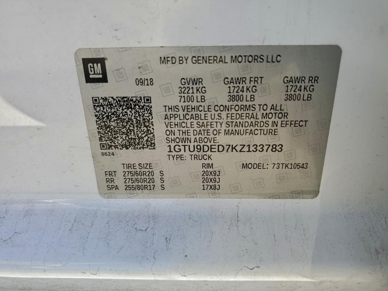 2019 GMC Sierra K1500 Slt VIN: 1GTU9DED7KZ133783 Lot: 94063195