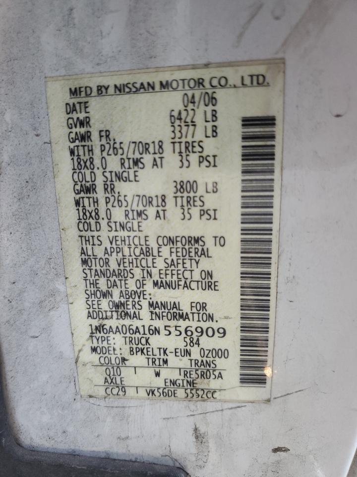 2006 Nissan Titan Xe VIN: 1N6AA06A16N556909 Lot: 90508735