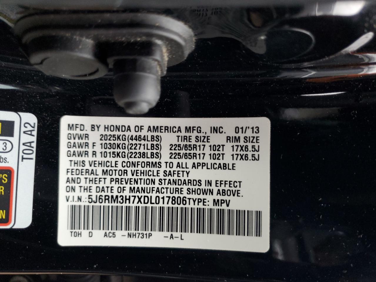 2013 Honda Cr-V Exl VIN: 5J6RM3H7XDL017806 Lot: 93141835