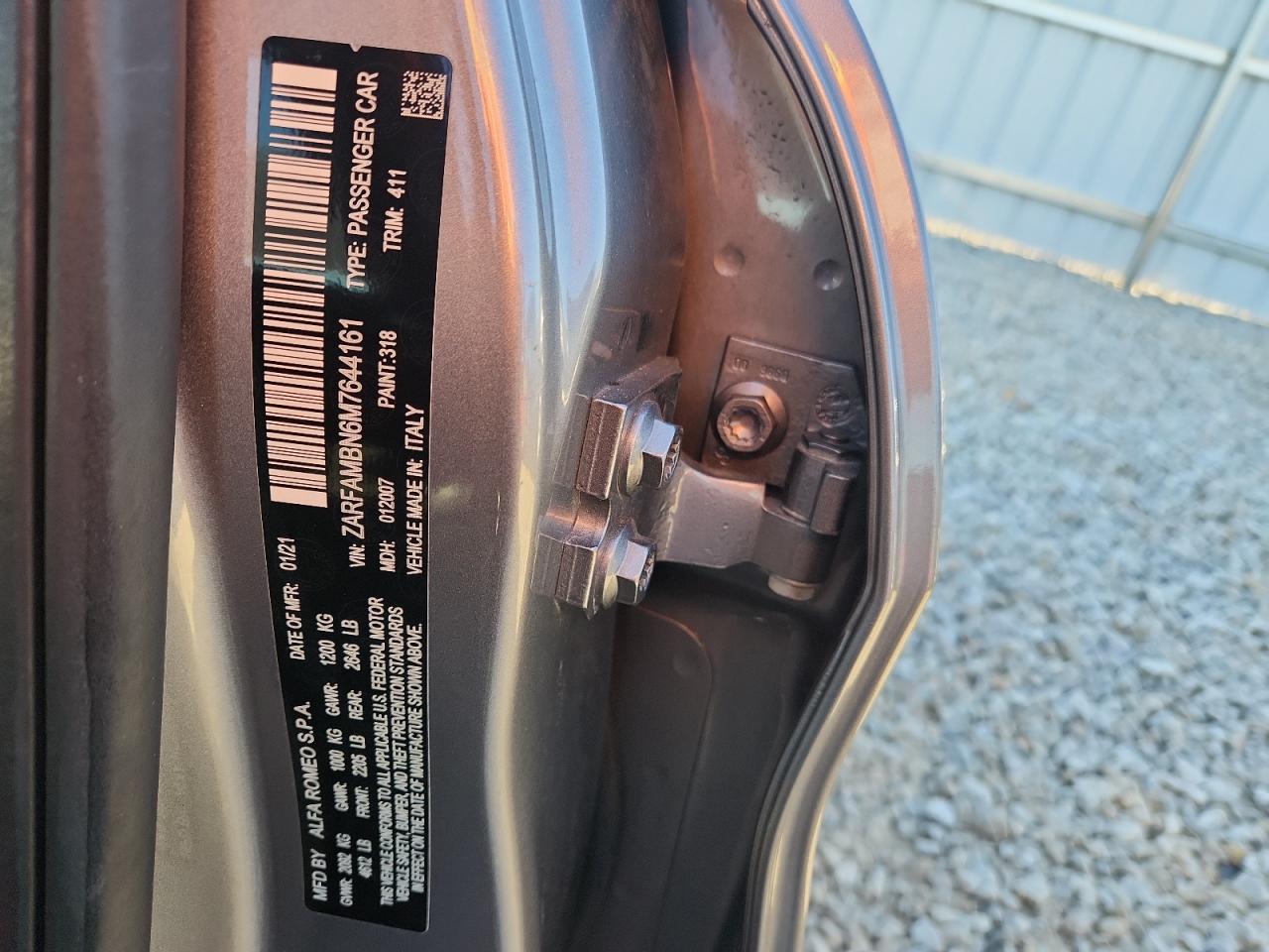 2021 Alfa Romeo Giulia Ti VIN: ZARFAMBN6M7644161 Lot: 92604665