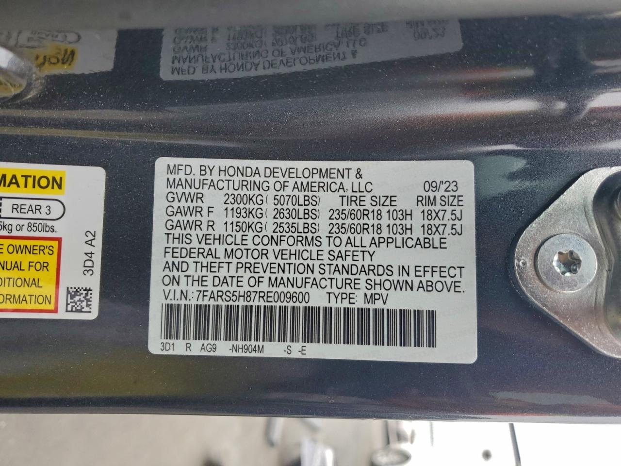 2024 Honda Cr-V Sport-L VIN: 7FARS5H87RE009600 Lot: 94196995
