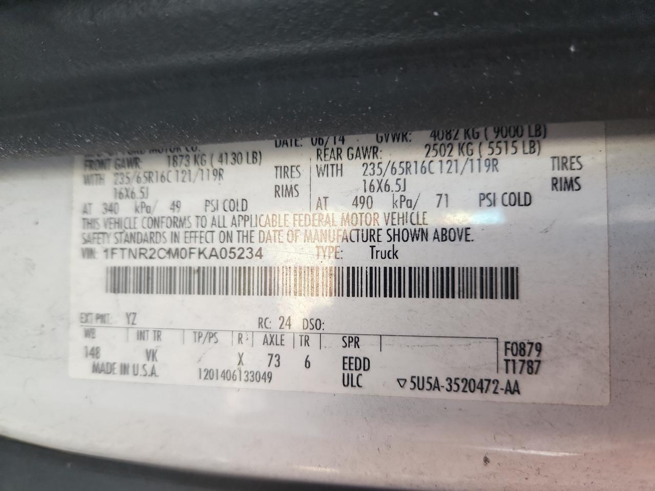 2015 Ford Transit T-250 Delivery Van VIN: 1FTNR2CM0FKA05234 Lot: 94841665