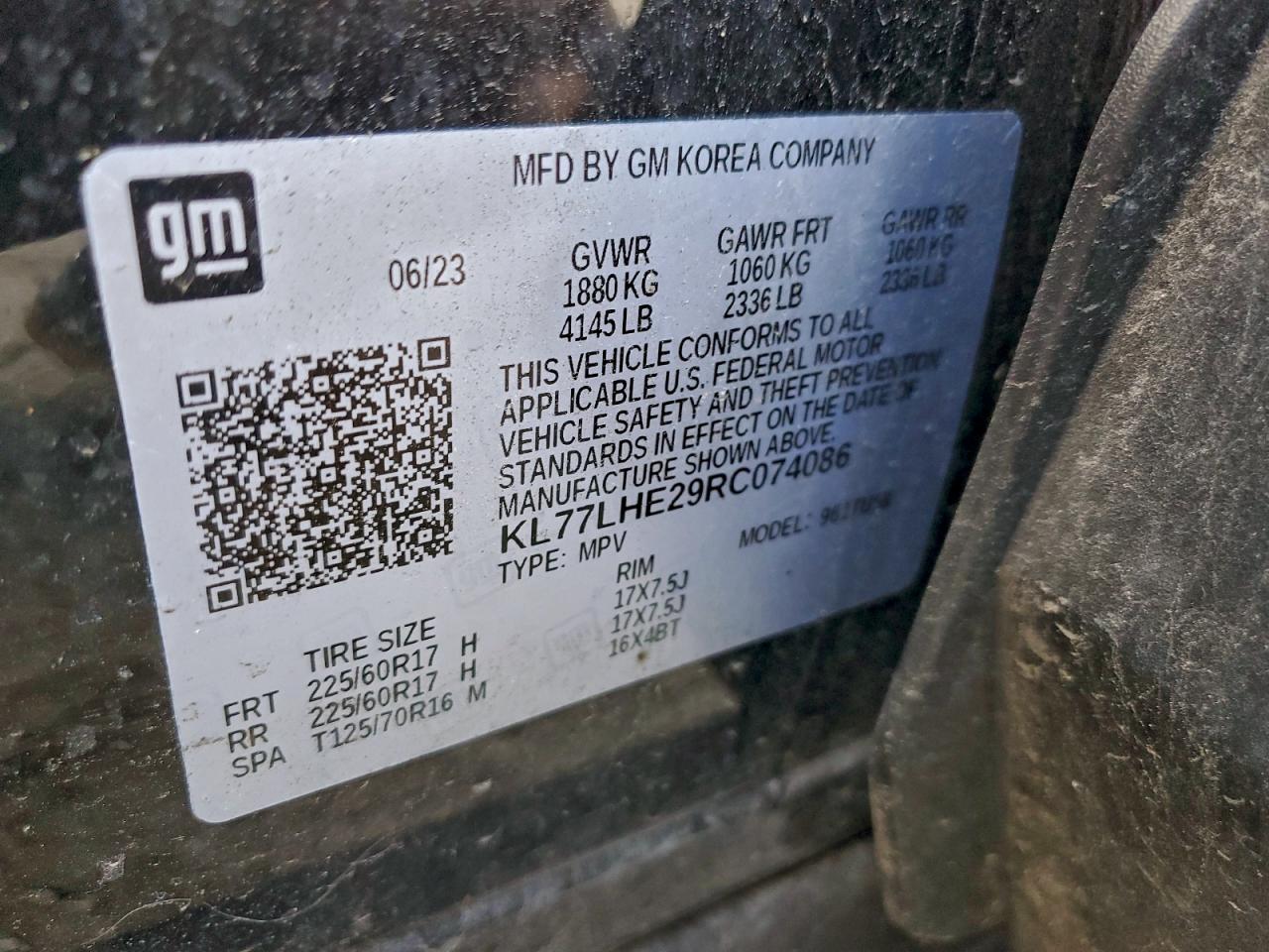 2024 Chevrolet Trax 1Lt VIN: KL77LHE29RC074086 Lot: 94035585