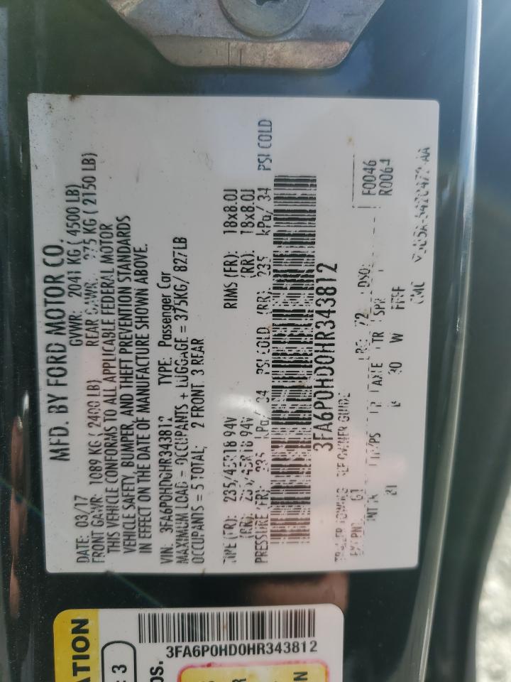 2017 Ford Fusion Se VIN: 3FA6P0HD0HR343812 Lot: 91942605