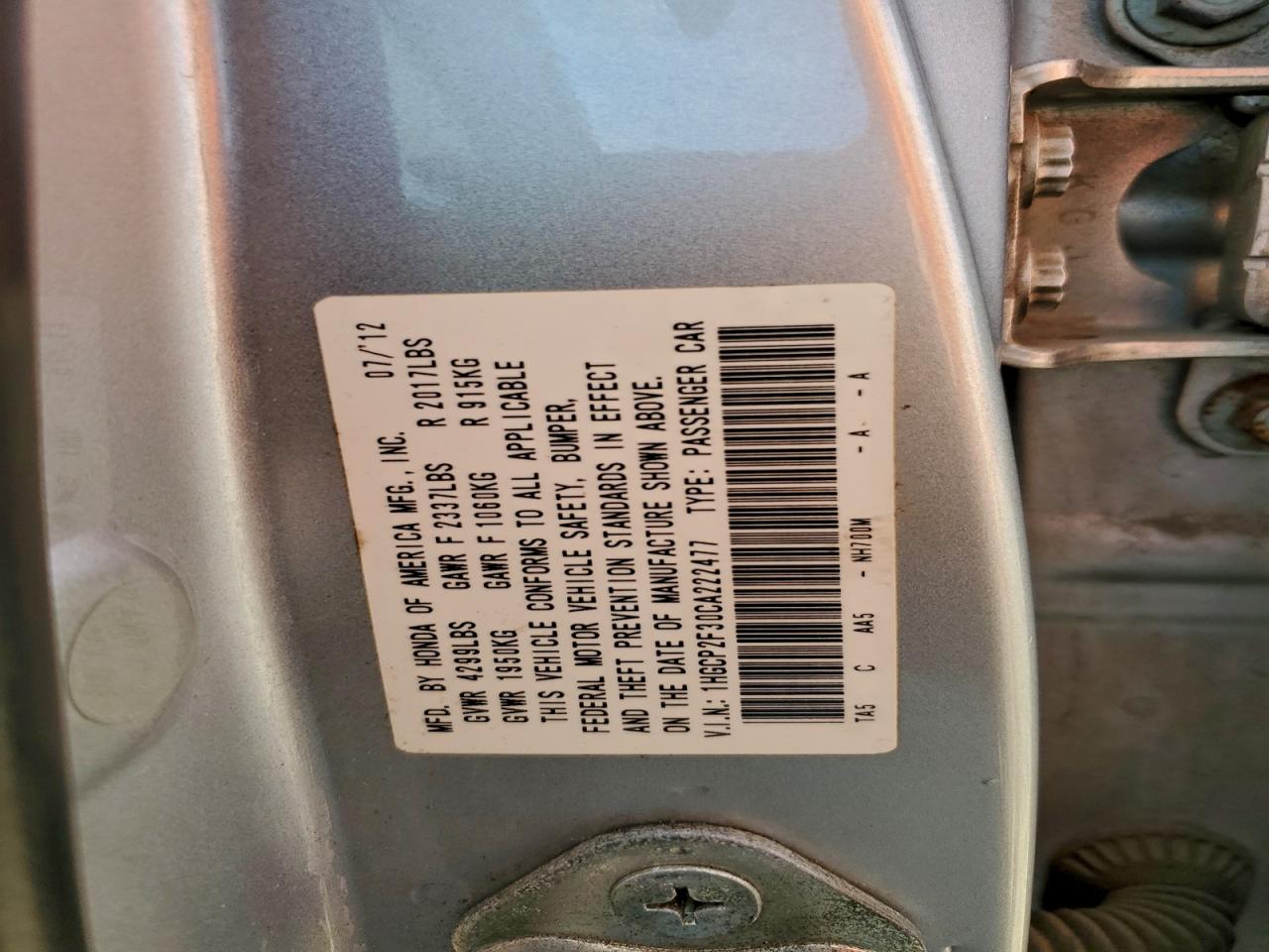 2012 Honda Accord Lx VIN: 1HGCP2F30CA222477 Lot: 94232455