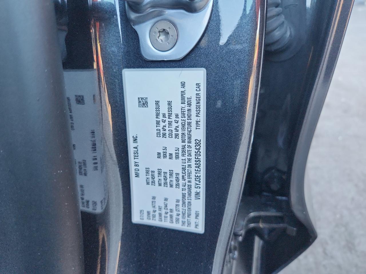 2025 Tesla Model 3 VIN: 5YJ3E1EA8SF054382 Lot: 93475615