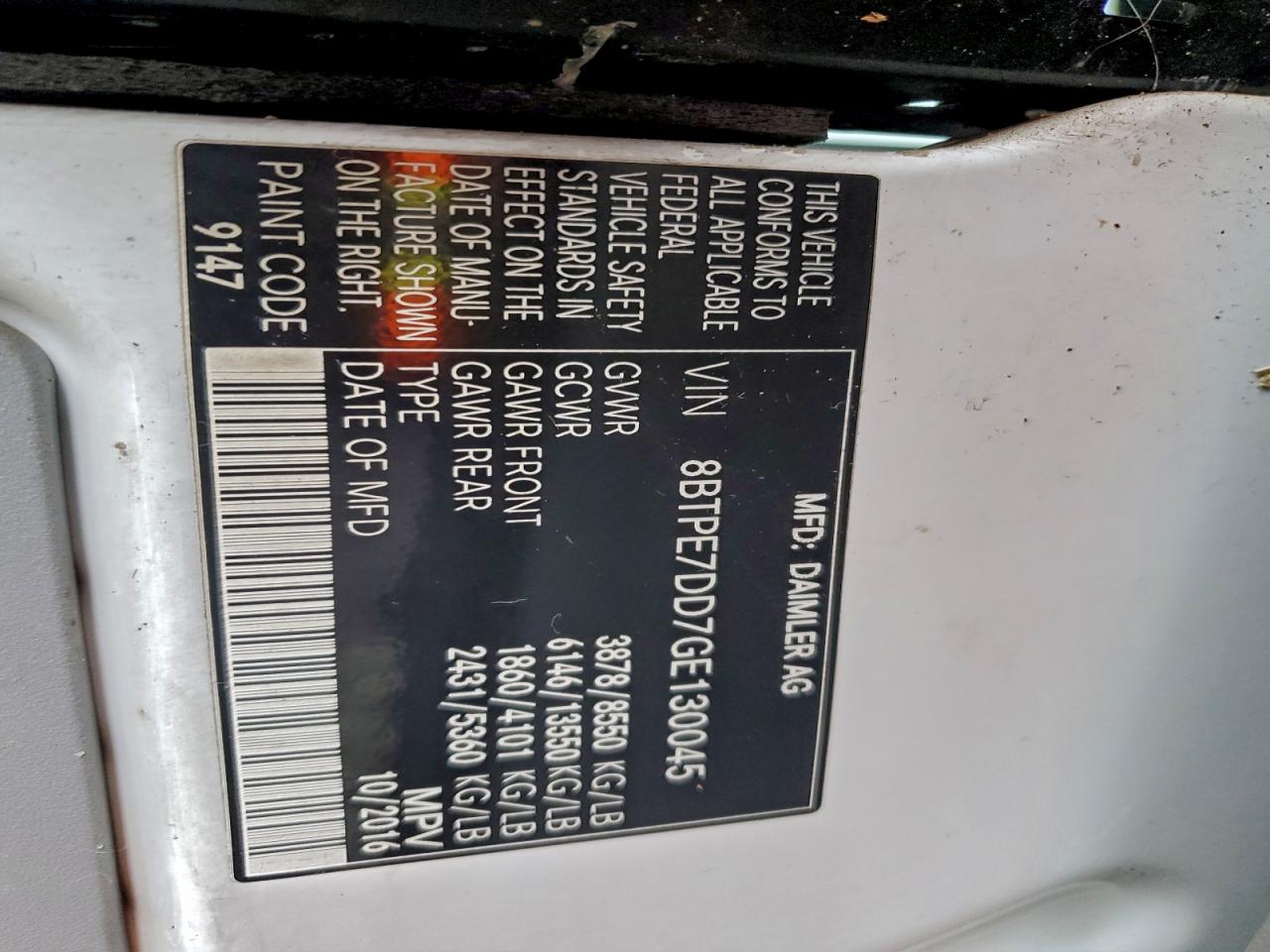 2016 Mercedes-Benz Sprinter 2500 VIN: 8BTPE7DD7GE130045 Lot: 93388285