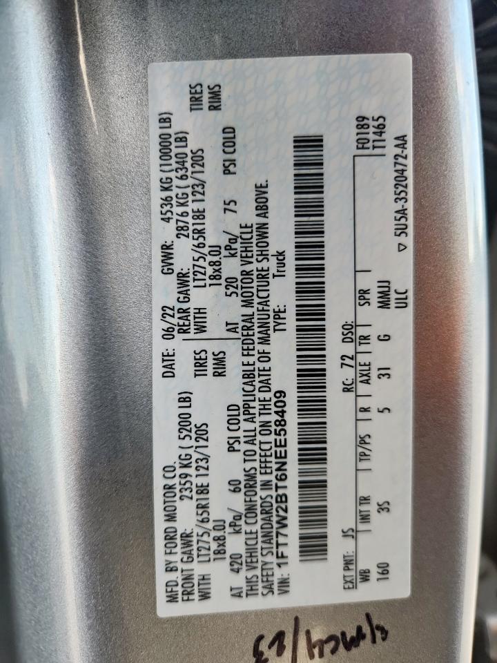 2022 Ford F250 Super Duty VIN: 1FT7W2BT6NEE58409 Lot: 92543435
