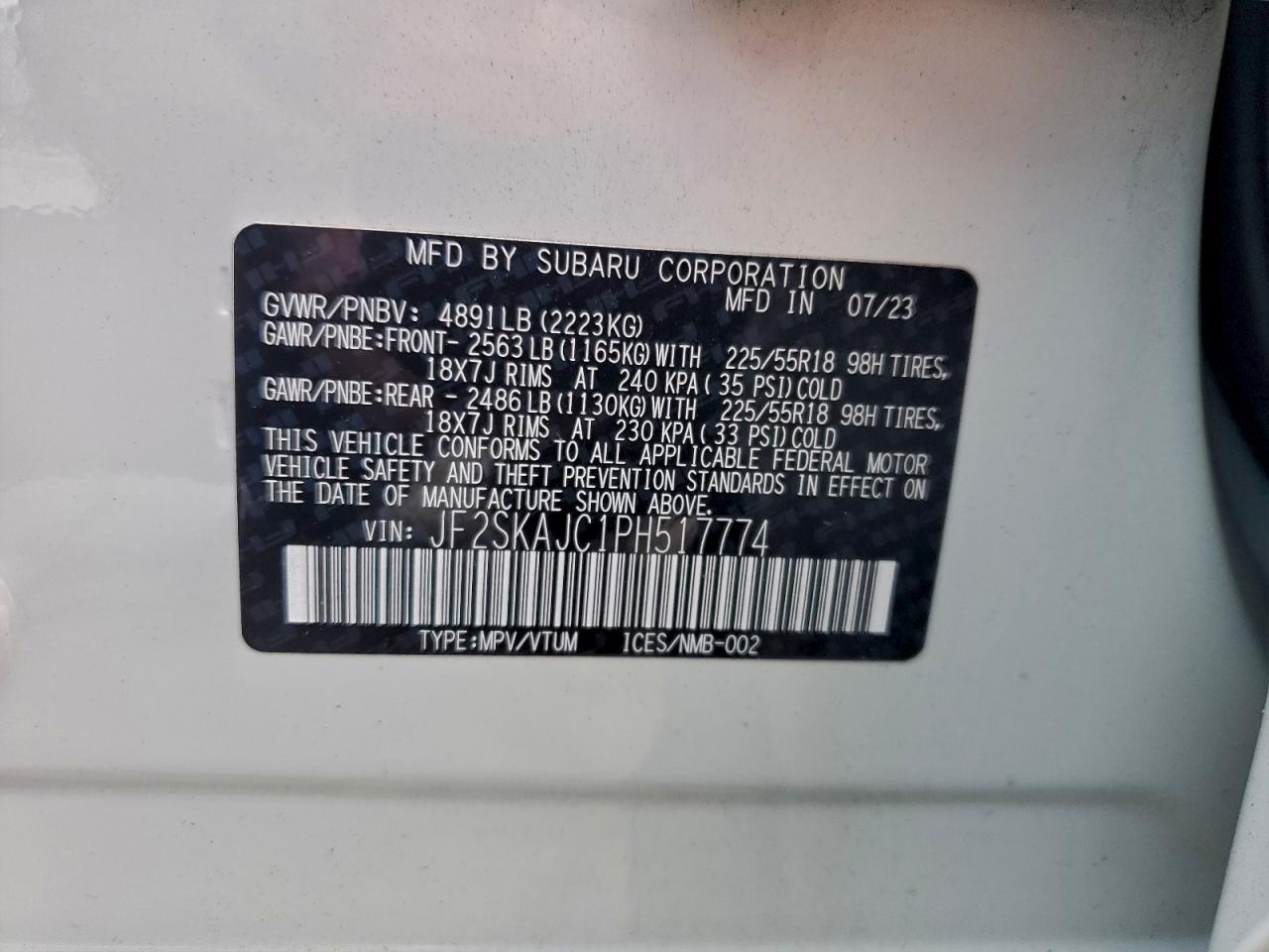 2023 Subaru Forester Sport VIN: JF2SKAJC1PH517774 Lot: 93664295