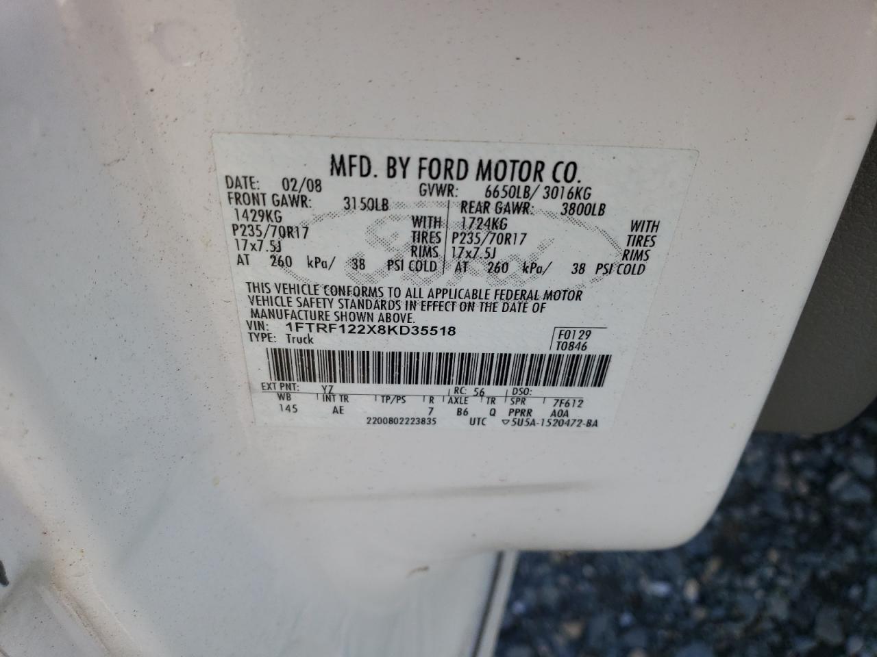 2008 Ford F150 VIN: 1FTRF122X8KD35518 Lot: 91881285