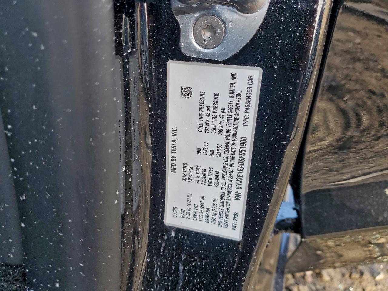 2025 Tesla Model 3 VIN: 5YJ3E1EA0SF051900 Lot: 94189865