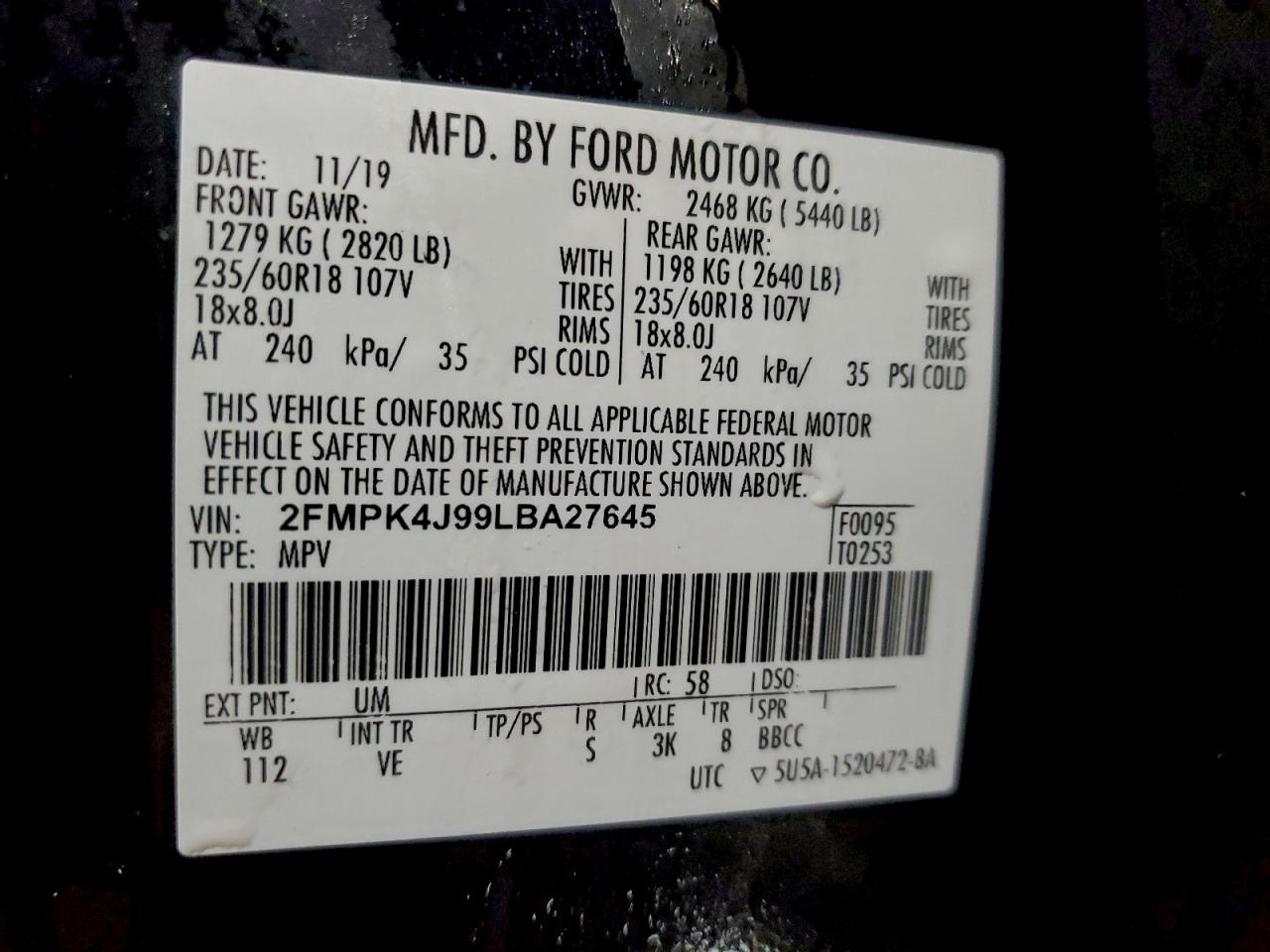 2020 Ford Edge Sel VIN: 2FMPK4J99LBA27645 Lot: 94375835