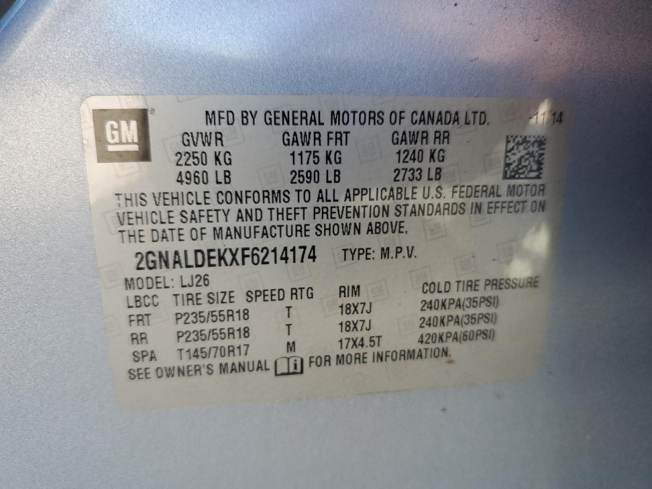 2015 Chevrolet Equinox Ltz VIN: 2GNALDEKXF6214174 Lot: 93716035