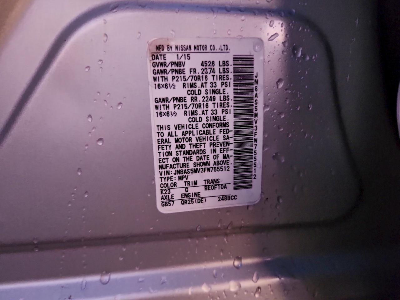 2015 Nissan Rogue Select S VIN: JN8AS5MV3FW755512 Lot: 94357105