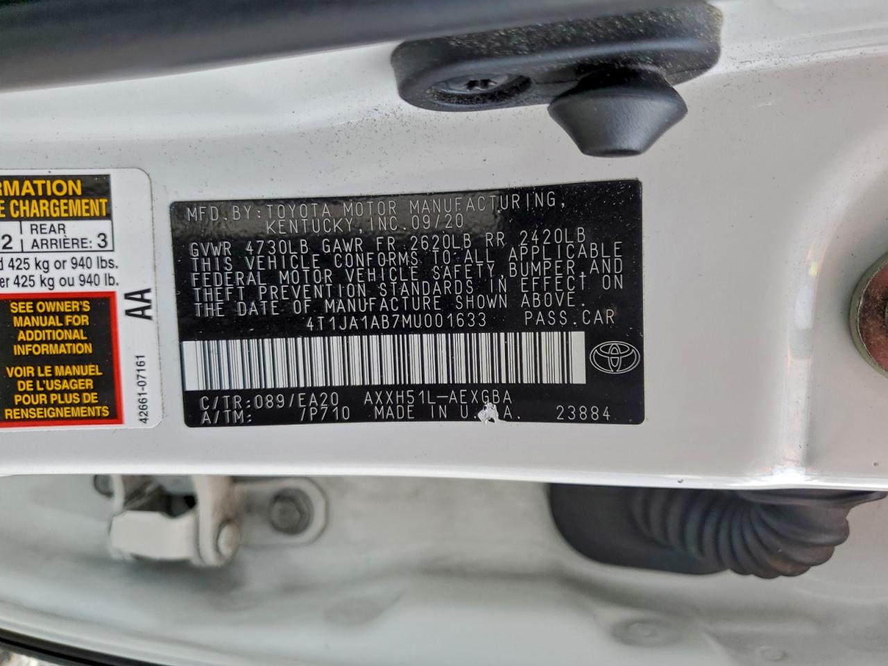 2021 Toyota Avalon Xle VIN: 4T1JA1AB7MU001633 Lot: 93956745