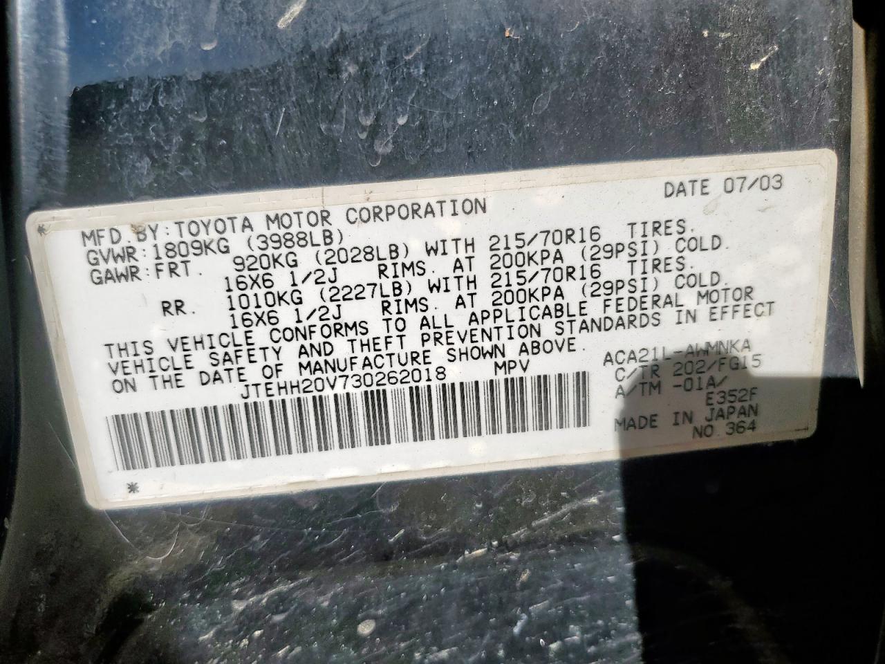 2003 Toyota Rav4 VIN: JTEHH20V730262018 Lot: 91582015