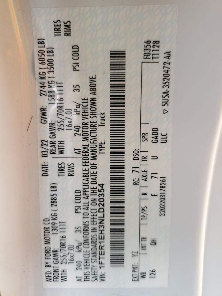 2022 Ford Ranger Xl VIN: 1FTER1EH3NLD20354 Lot: 93504425