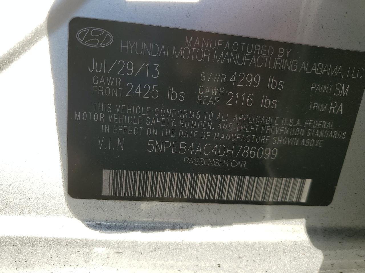 2013 Hyundai Sonata Gls VIN: 5NPEB4AC4DH786099 Lot: 91117905