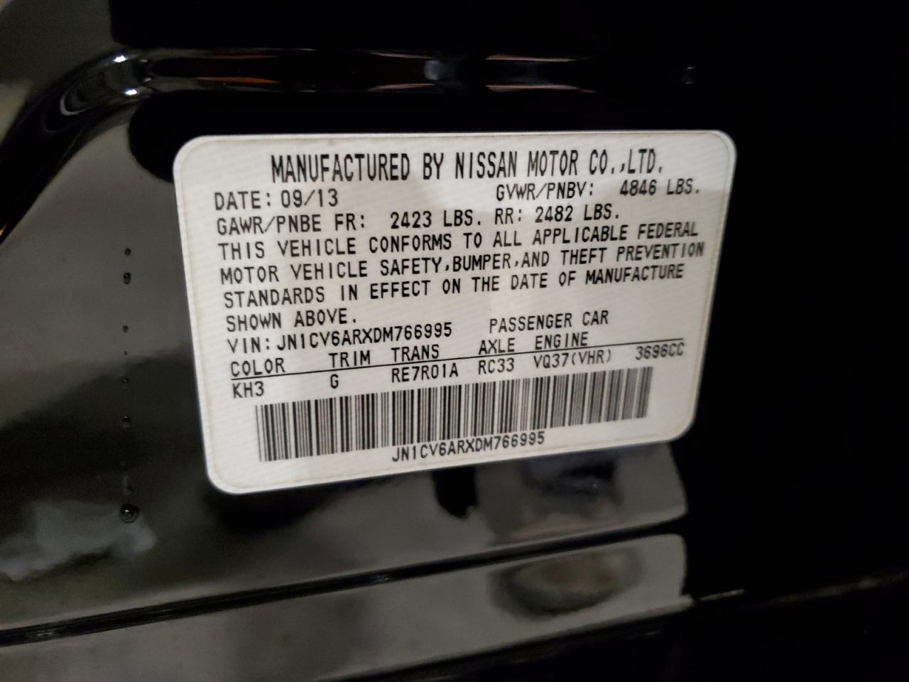 2013 Infiniti G37 VIN: JN1CV6ARXDM766995 Lot: 93000485