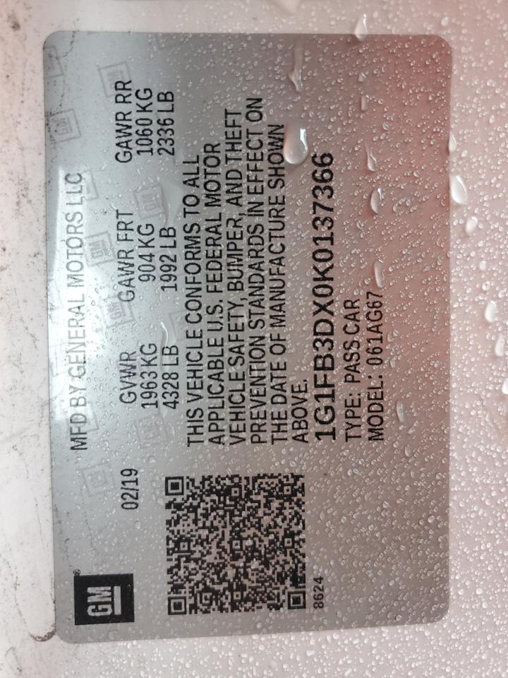 2019 Chevrolet Camaro Ls VIN: 1G1FB3DX0K0137366 Lot: 93674185