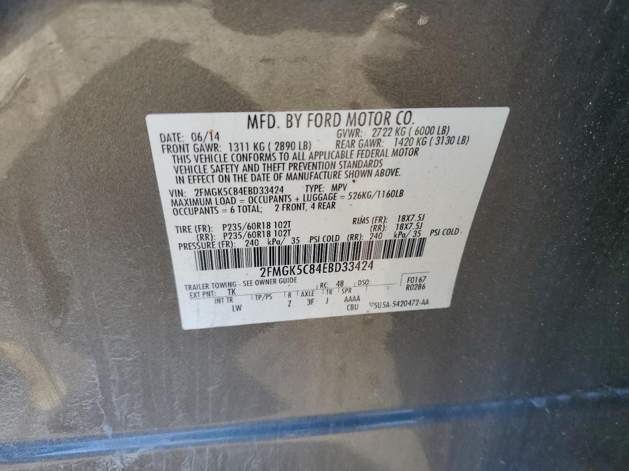 2014 Ford Flex Sel VIN: 2FMGK5C84EBD33424 Lot: 93263735