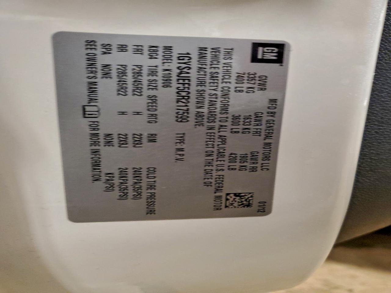 2012 Cadillac Escalade Esv Premium VIN: 1GYS4JEF5CR217599 Lot: 92811305