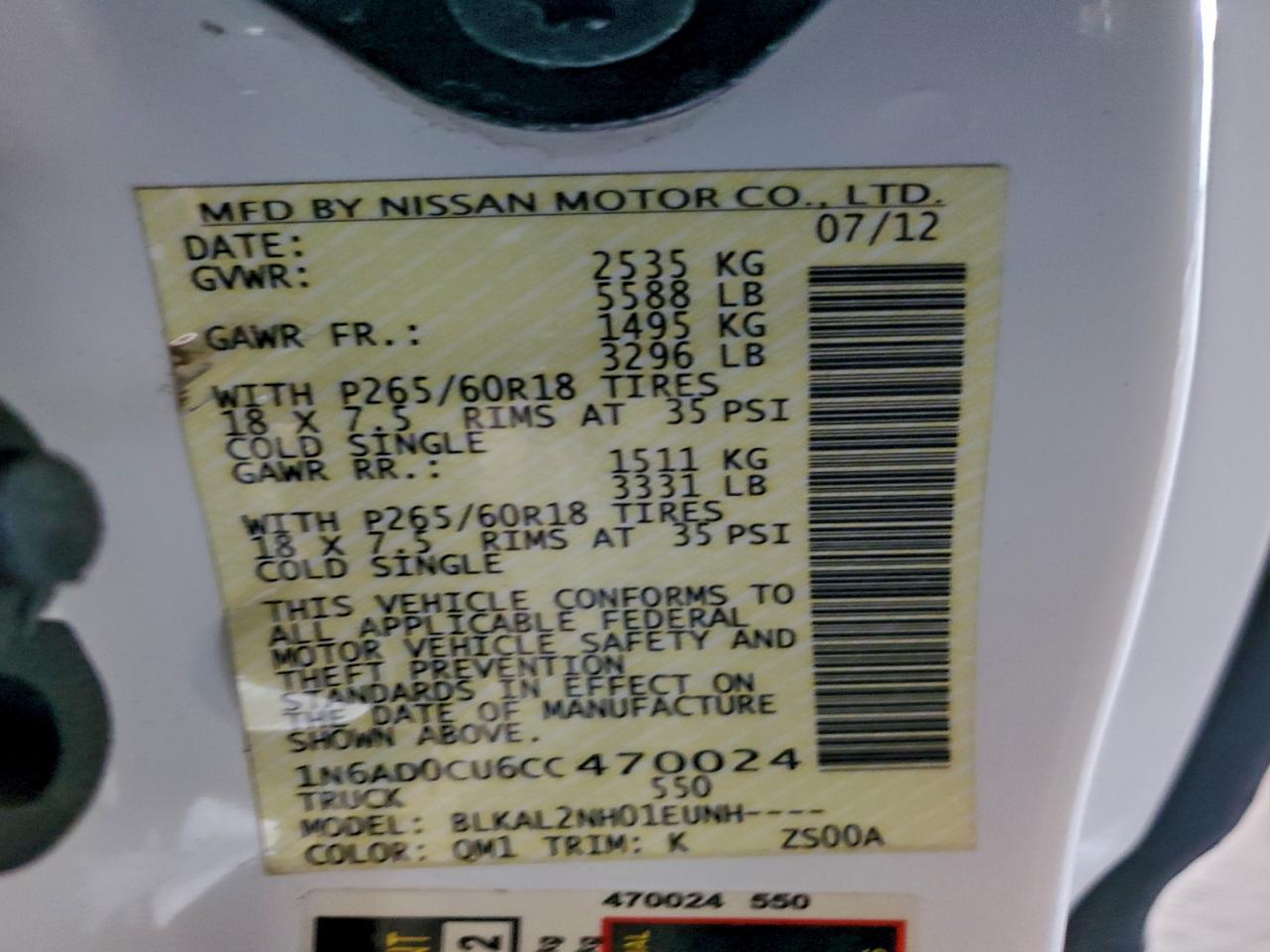 2012 Nissan Frontier Sv VIN: 1N6AD0CU6CC470024 Lot: 94962385